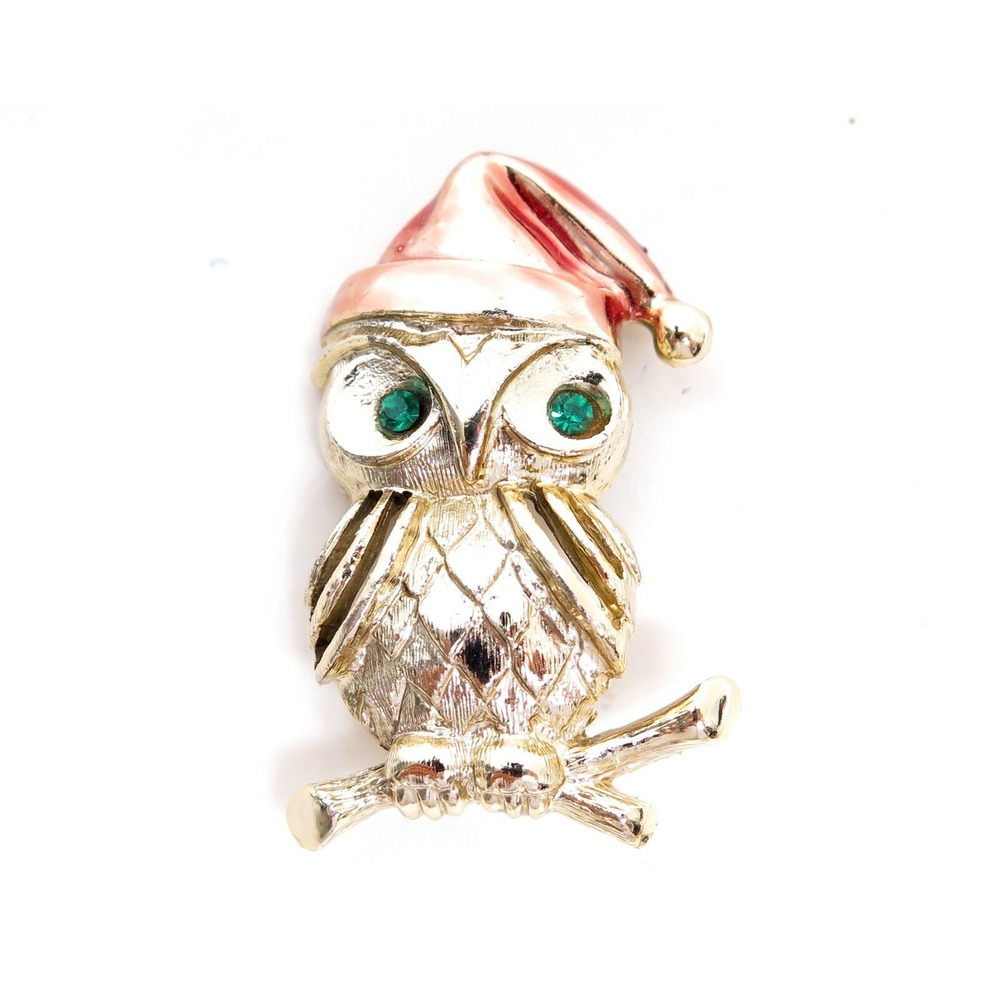 VINTAGE SIGNED TANCER II RHINESTONE OWL‎ CHRISTMAS HAT FIGURAL GOLD BROOCH PIN